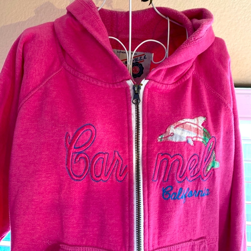 Carmel California pink hoodie with plaid dolphin